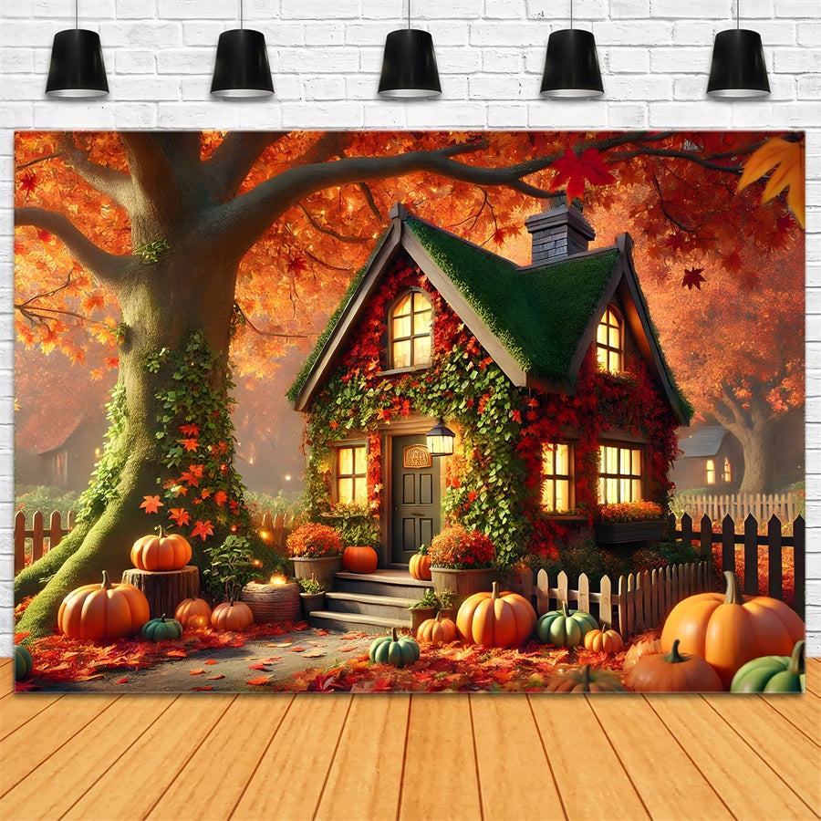 Toile de fond de cottage charmant d'automne avec citrouilles et lierre RR7-293