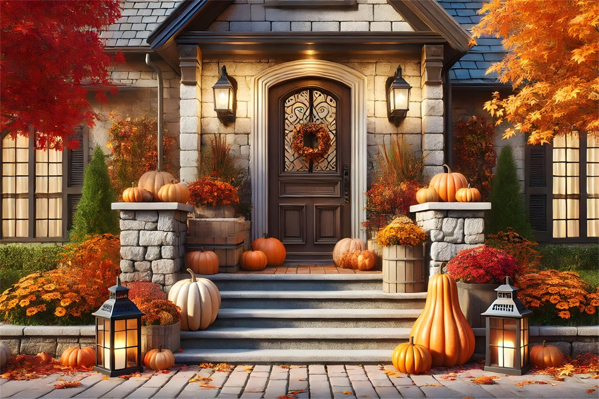 Toile de fond de porche avant d'automne avec citrouilles et lanternes RR7-296
