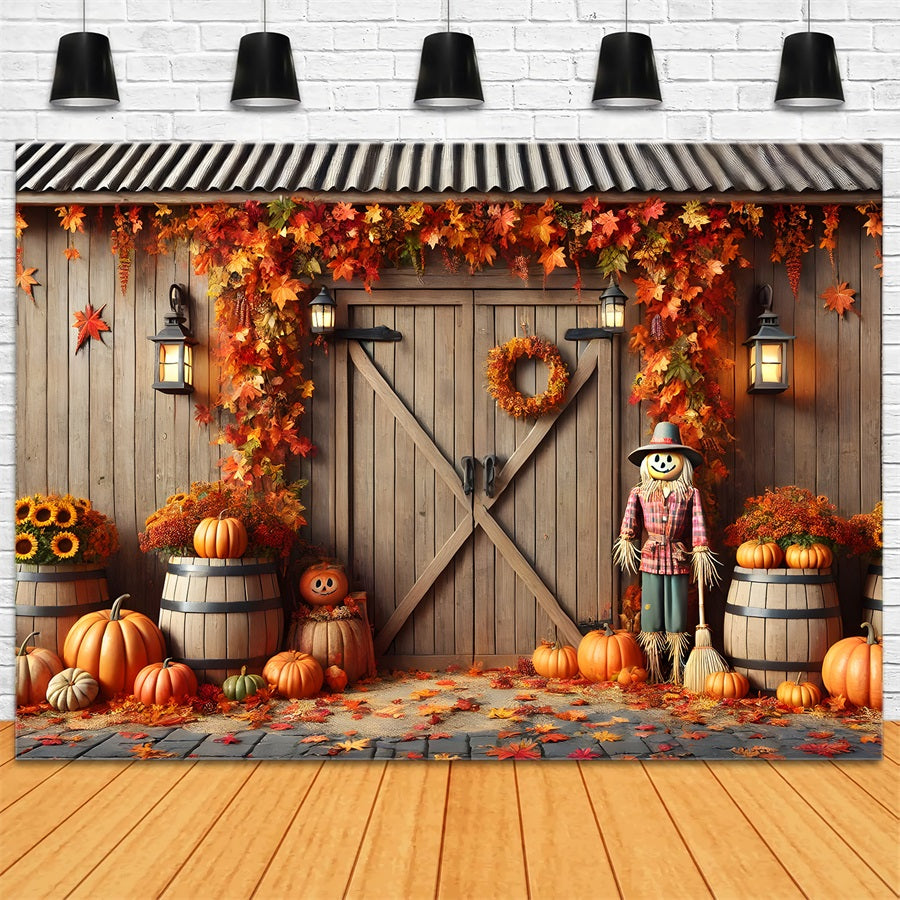Toile de fond de porte de grange d'automne avec citrouilles et épouvantail RR7-302