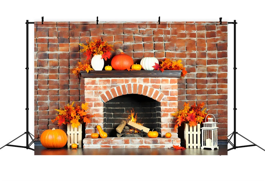 Toile de fond de cheminée en briques d'automne avec citrouilles et feuilles RR7-304
