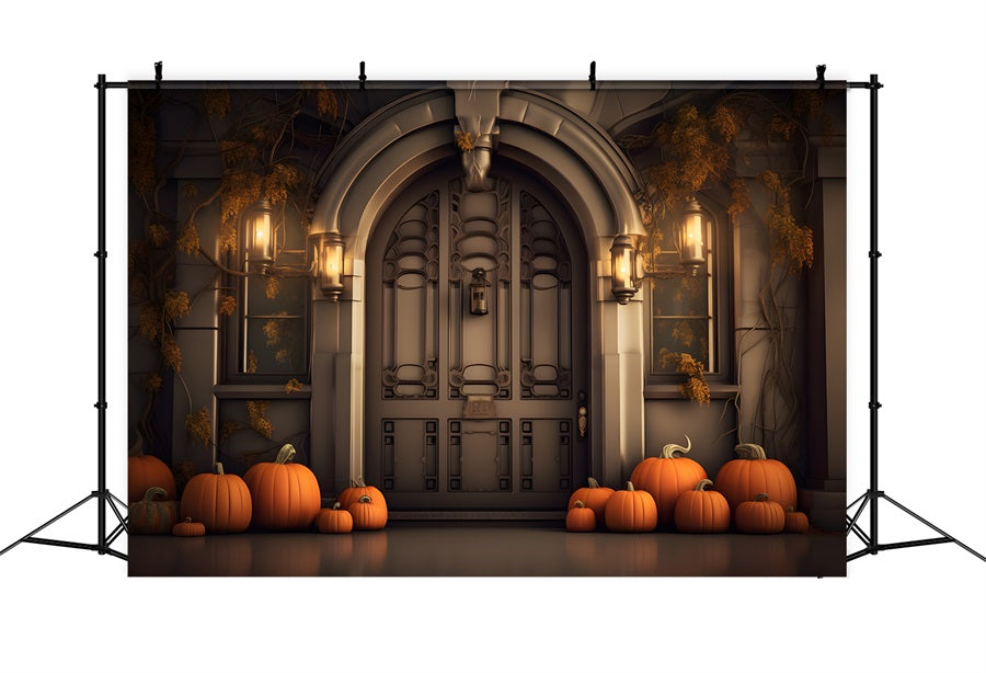 Toile de fond d'entrée élégante d'automne avec citrouilles et lanternes RR7-311