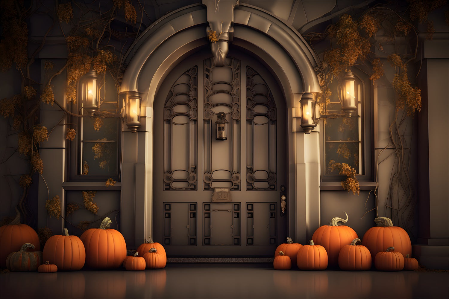 Toile de fond d'entrée élégante d'automne avec citrouilles et lanternes RR7-311