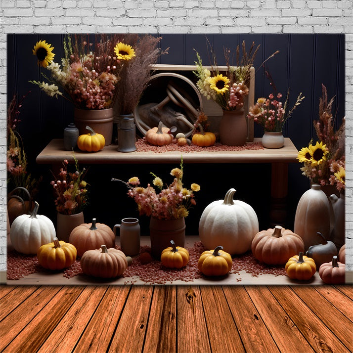 Toile de fond de présentation rustique d'automne avec citrouilles et tournesols RR7-313