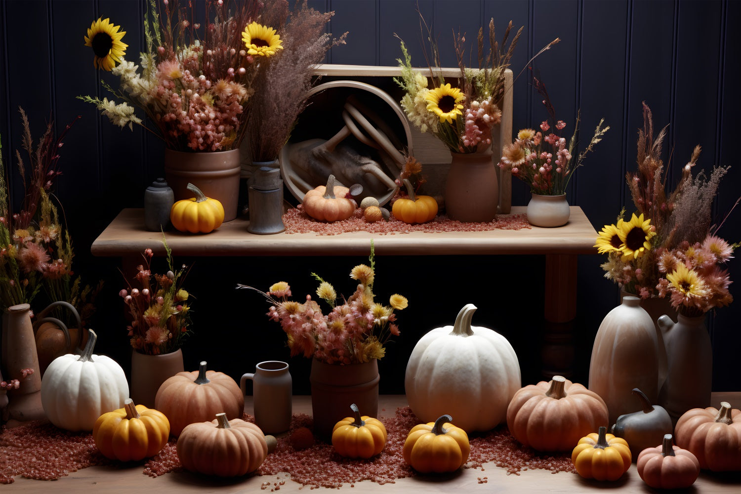 Toile de fond de présentation rustique d'automne avec citrouilles et tournesols RR7-313