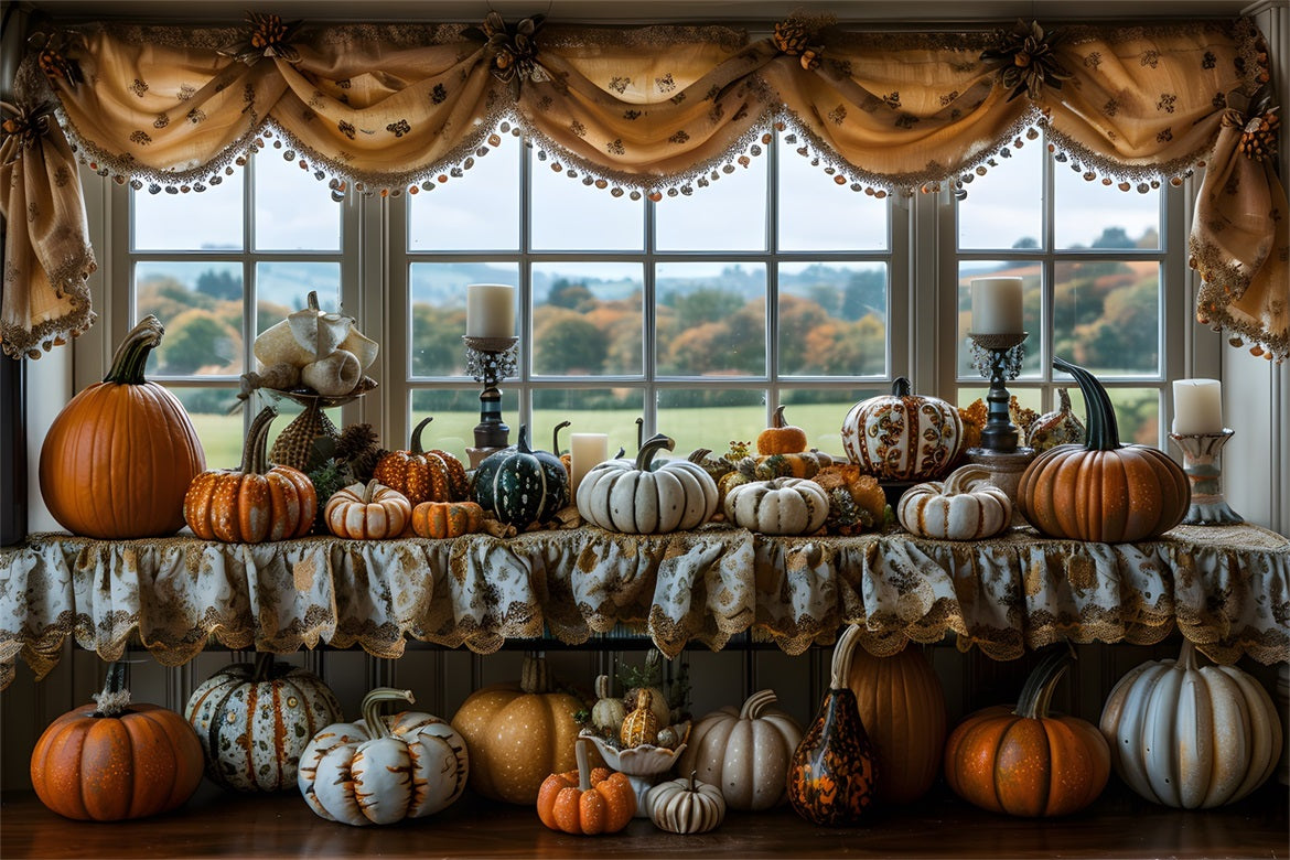 Toile de fond de présentation de fenêtre d'automne avec citrouilles et bougies RR7-317