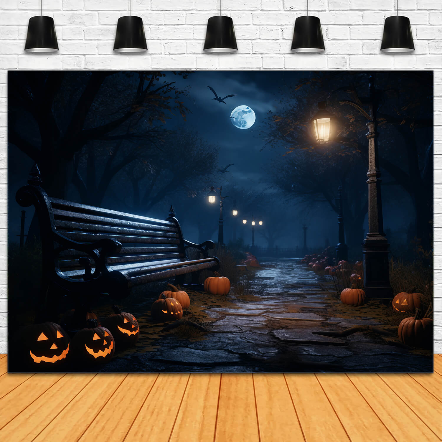 Toile de Fond de Lanternes Citrouilles de Nuit de Pleine Lune d'Halloween RR7-32