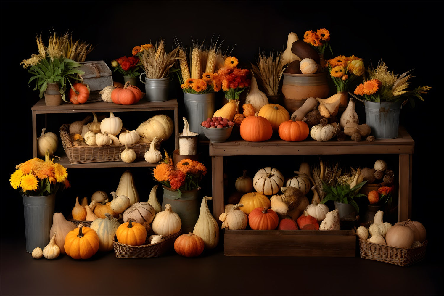 Toile de fond de corne d'abondance de récolte d'automne avec citrouilles et courges RR7-320