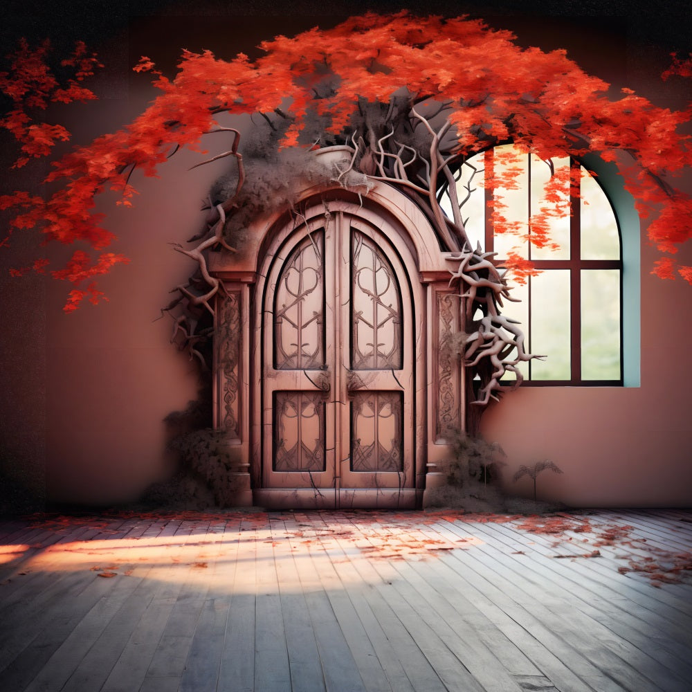 Toile de fond de porte enchantée d'automne avec feuilles rouges RR7-332