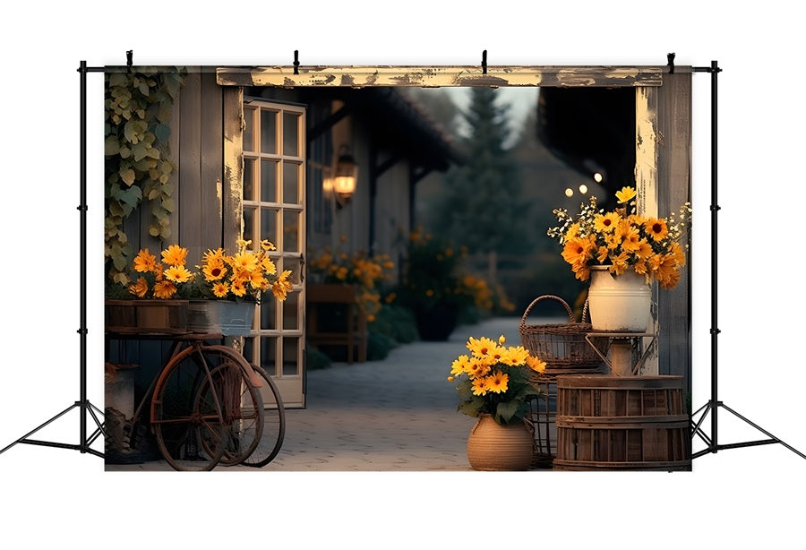 Toile de fond de ferme d'automne avec tournesols RR7-339