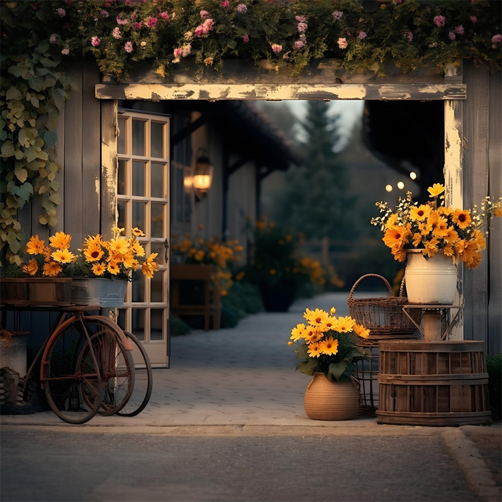 Toile de fond de ferme d'automne avec tournesols RR7-339