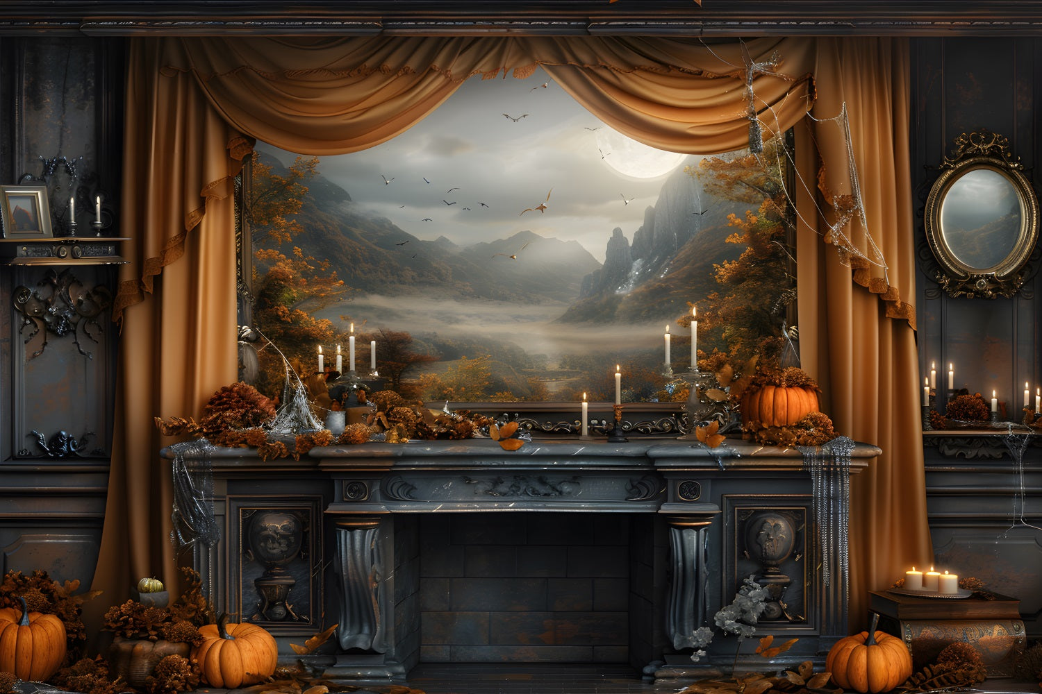 Toile de fond de cheminée mystique d'automne avec vue pittoresque RR7-352