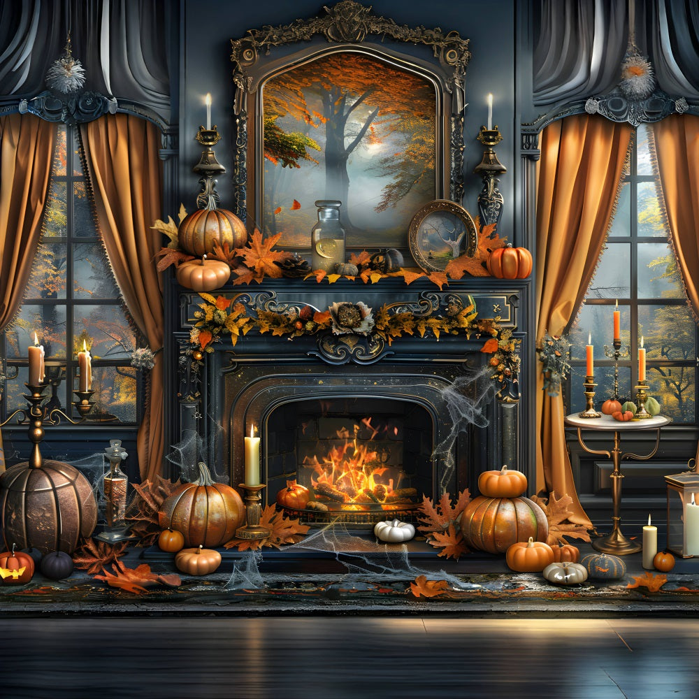 Toile de fond de cheminée enchantée d'automne avec décor de citrouilles RR7-353