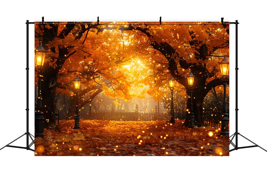 Toile de fond de chemin avec lanternes et feuilles tombantes d'automne RR7-357