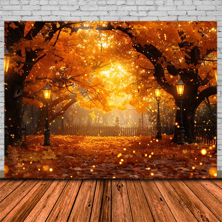 Toile de fond de chemin avec lanternes et feuilles tombantes d'automne RR7-357