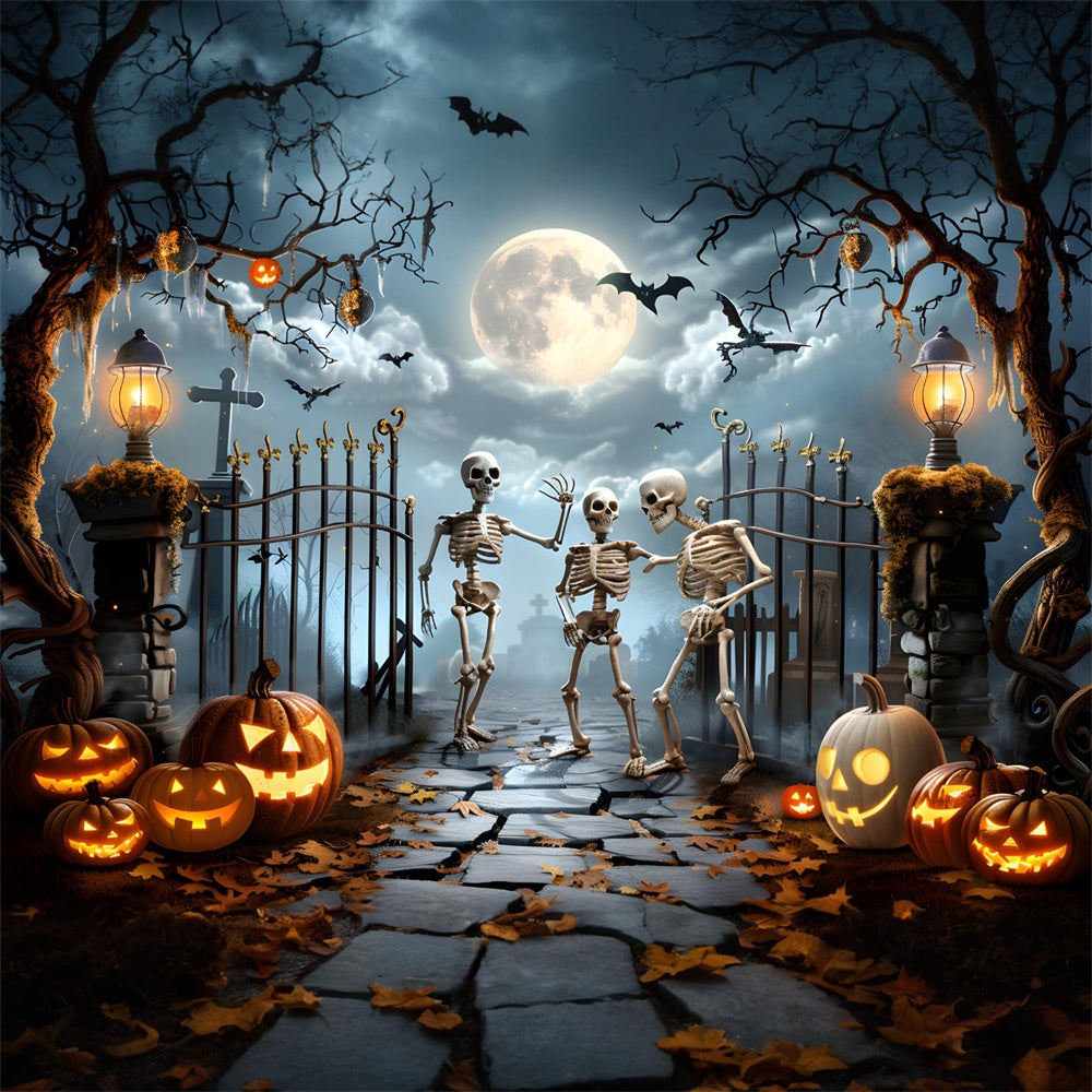 Toile de fond de portail d'horreur avec squelette et citrouilles Halloween RR7-456