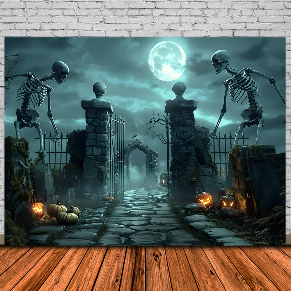 Toile de fond de portail de cimetière effrayant avec squelette Halloween RR7-457