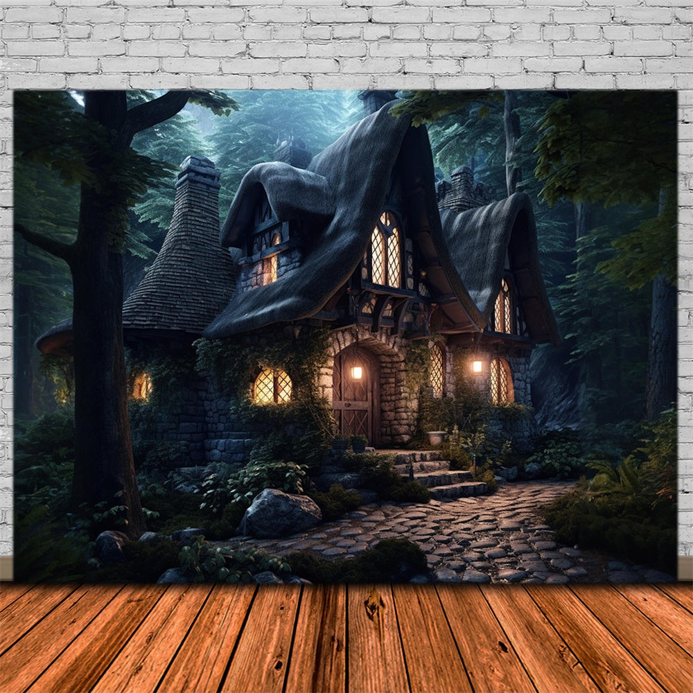 Toile de fond de maison en pierre dans la forêt Halloween RR7-508