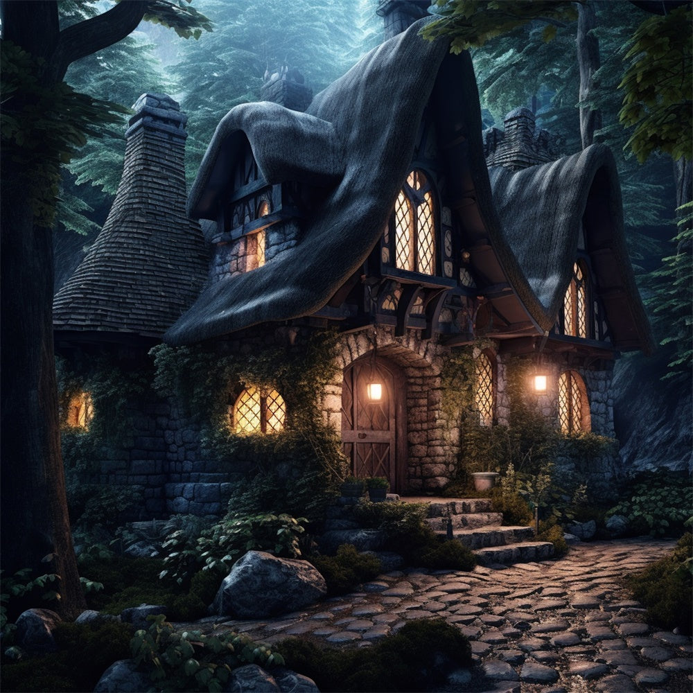 Toile de fond de maison en pierre dans la forêt Halloween RR7-508