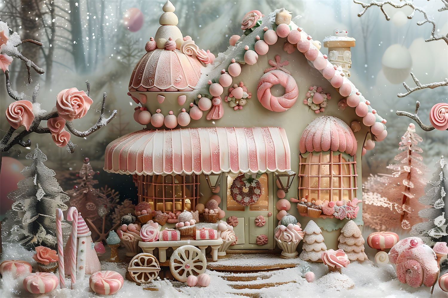 Toile de fond de Noël Cottage en Bonbon Pain d’Épice RR7-597