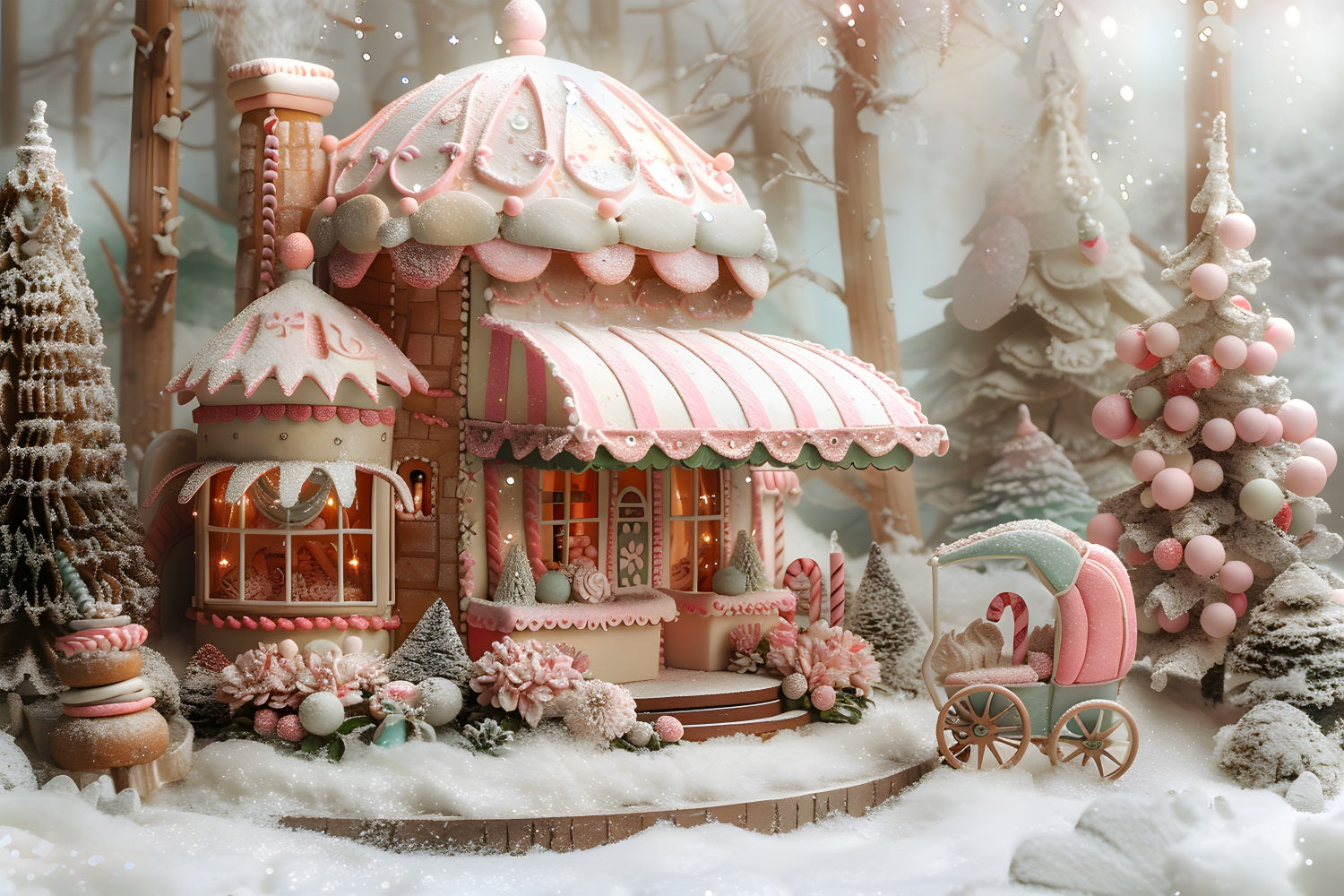 Toile de fond de Noël Cottage en Bonbon Fantaisiste RR7-598