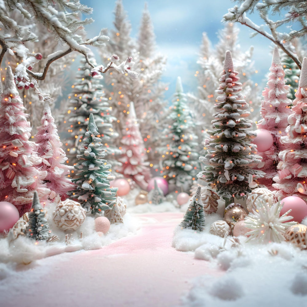 Toile de fond de Noël Forêt Rose avec Arbres Décorés RR7-601
