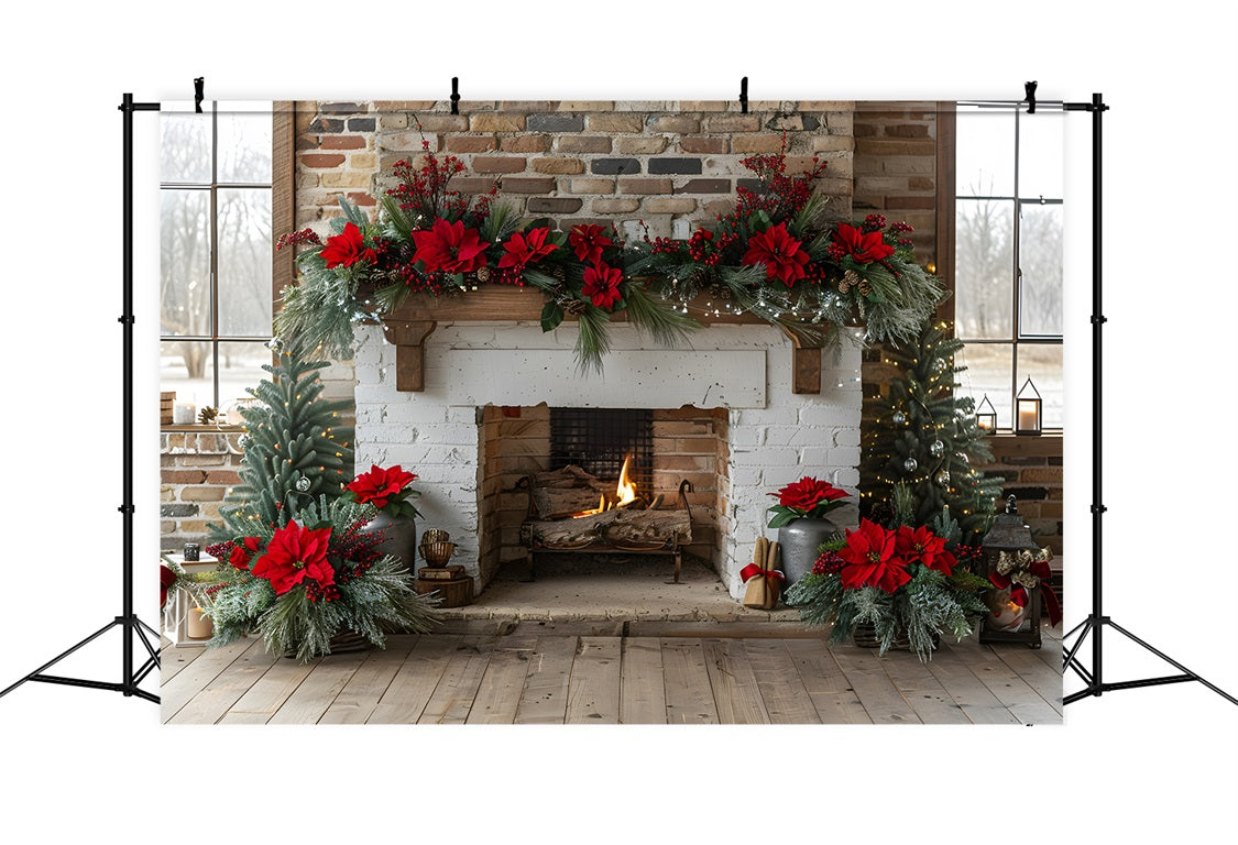 Toile de fond de Noël Cheminée Élégante avec Guirlande de Poinsettias RR7-624