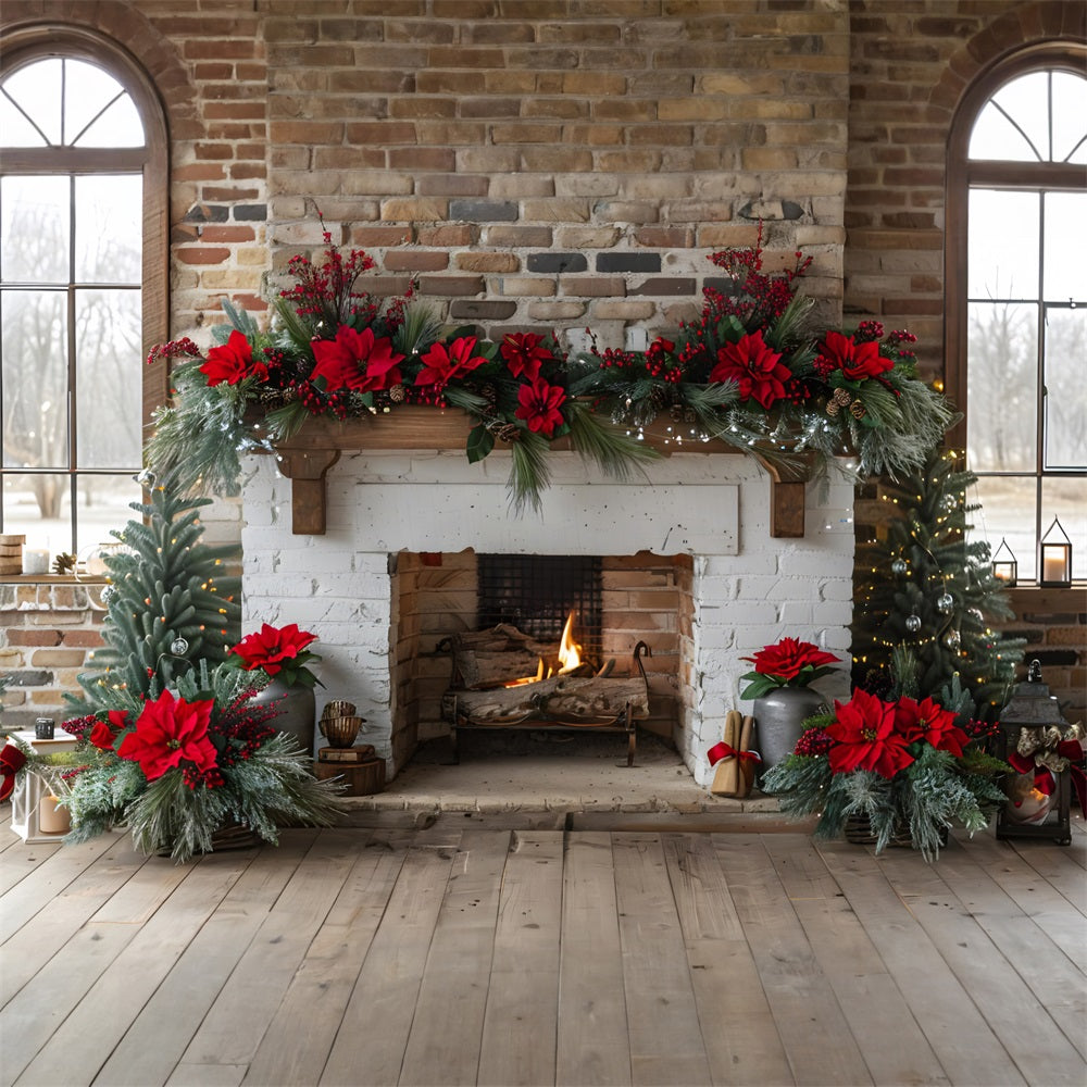 Toile de fond de Noël Cheminée Élégante avec Guirlande de Poinsettias RR7-624