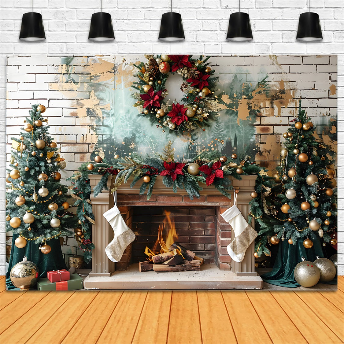 Toile de fond de Noël Cheminée Élégante avec Ornements Dorés RR7-626