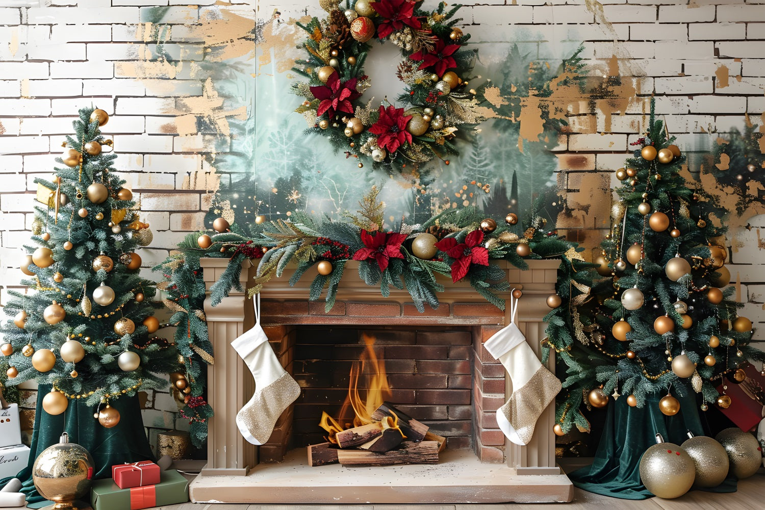 Toile de fond de Noël Cheminée Élégante avec Ornements Dorés RR7-626