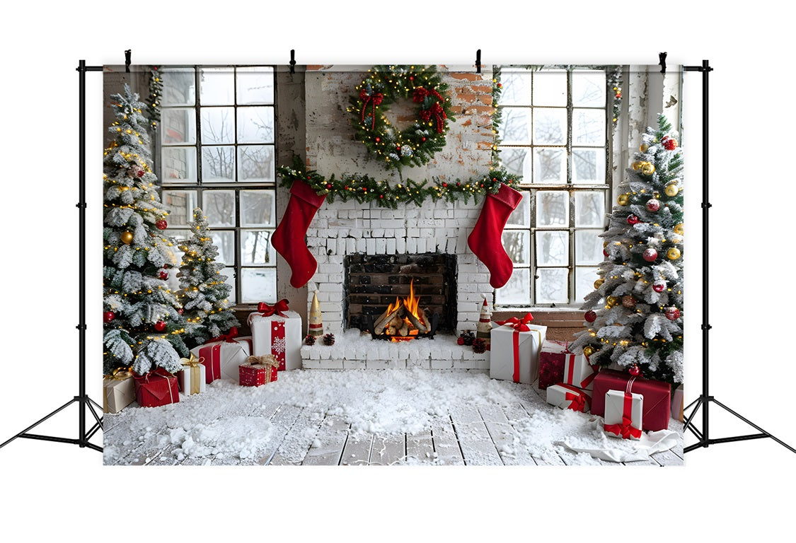 Toile de fond de Noël Cheminée avec Chaussettes et Arbre Cadeau RR7-629