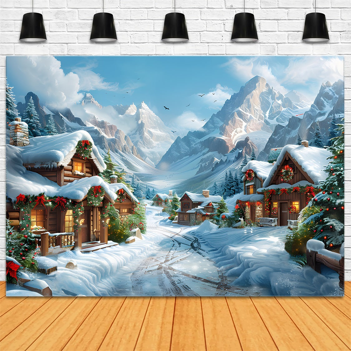 Toile de fond de Noël Scène Enneigée du Village Alpin RR7-643