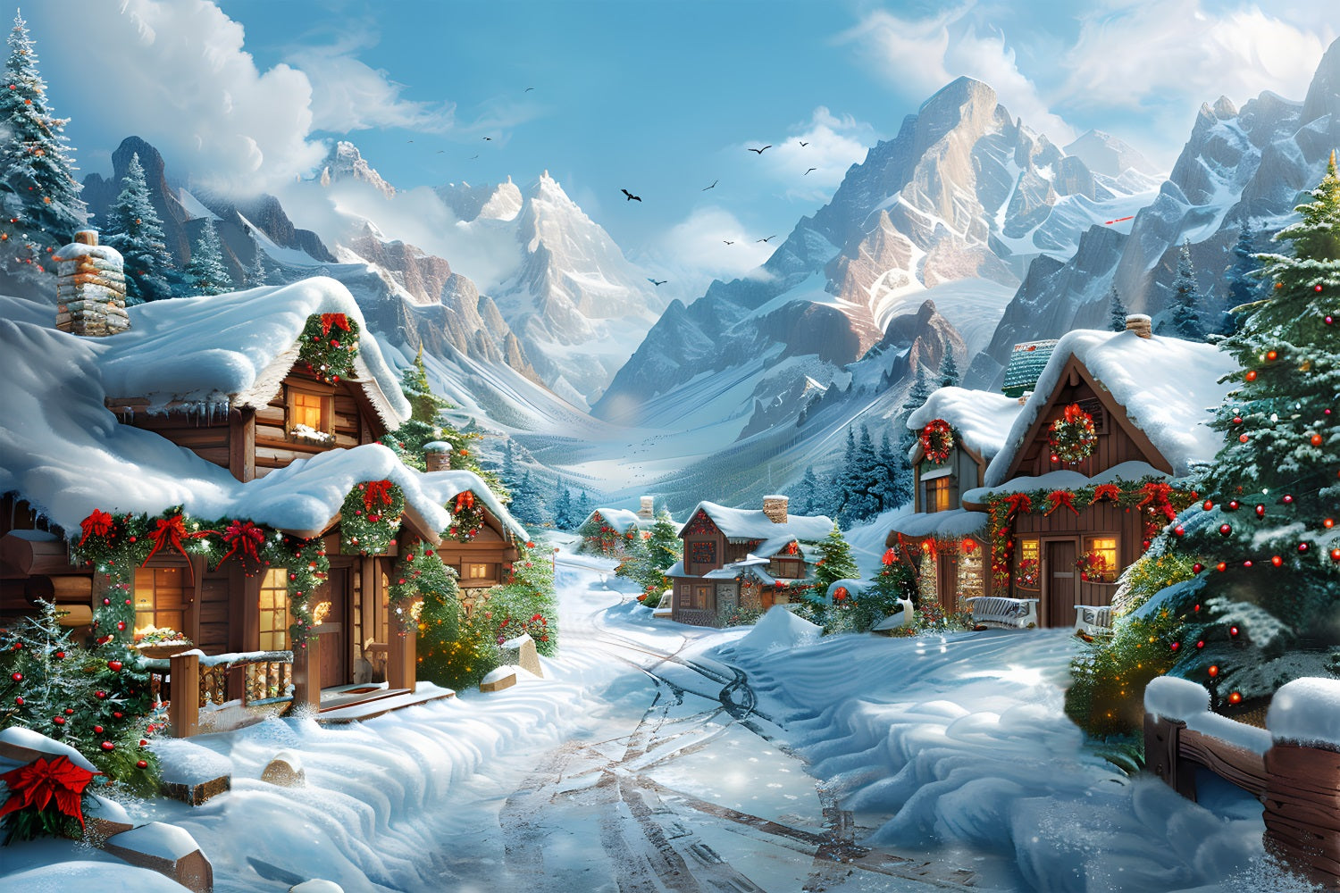 Toile de fond de Noël Scène Enneigée du Village Alpin RR7-643