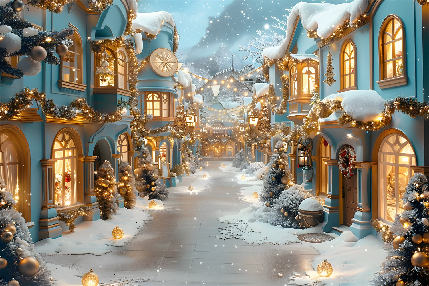Toile de fond de Noël Allée Bleue Illuminée de Lanternes RR7-648