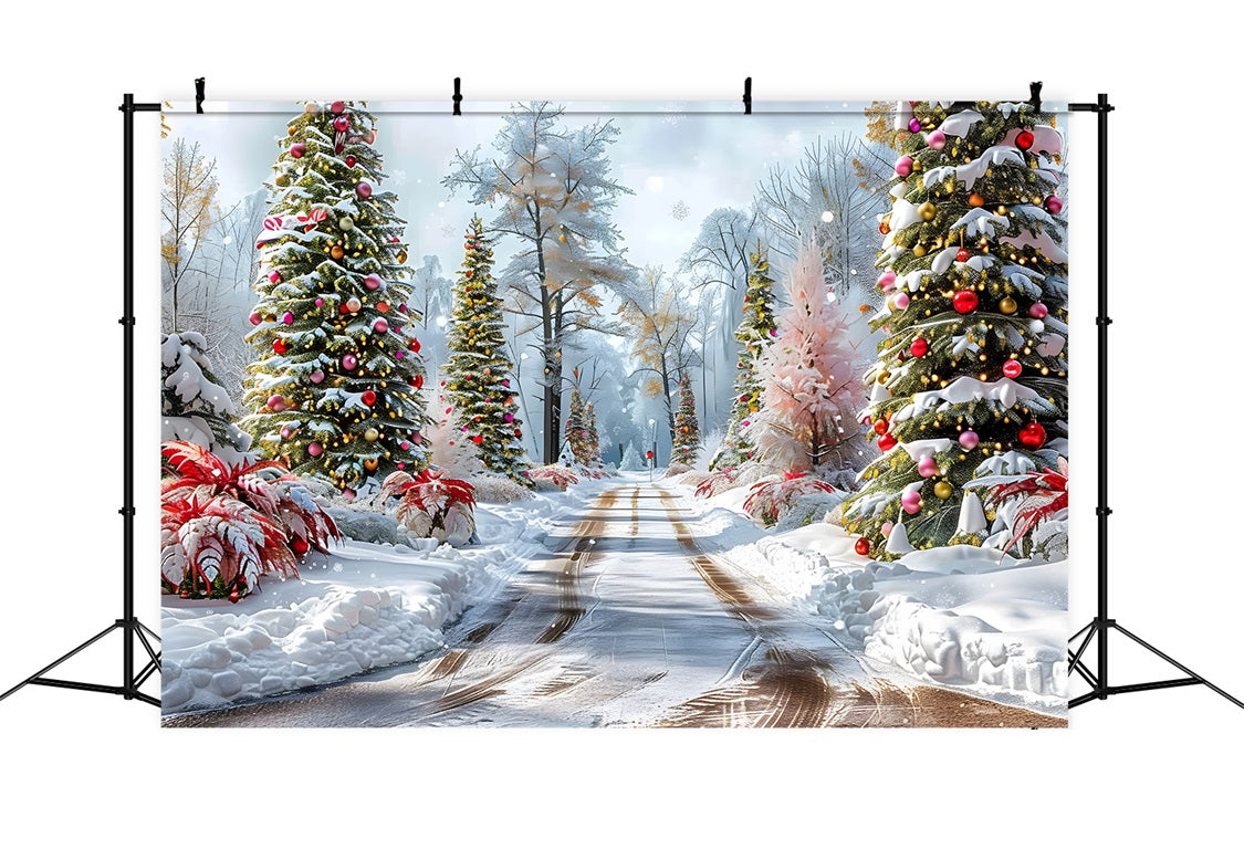 Toile de fond de Noël Chemin Forestier avec Arbres Décorés RR7-652