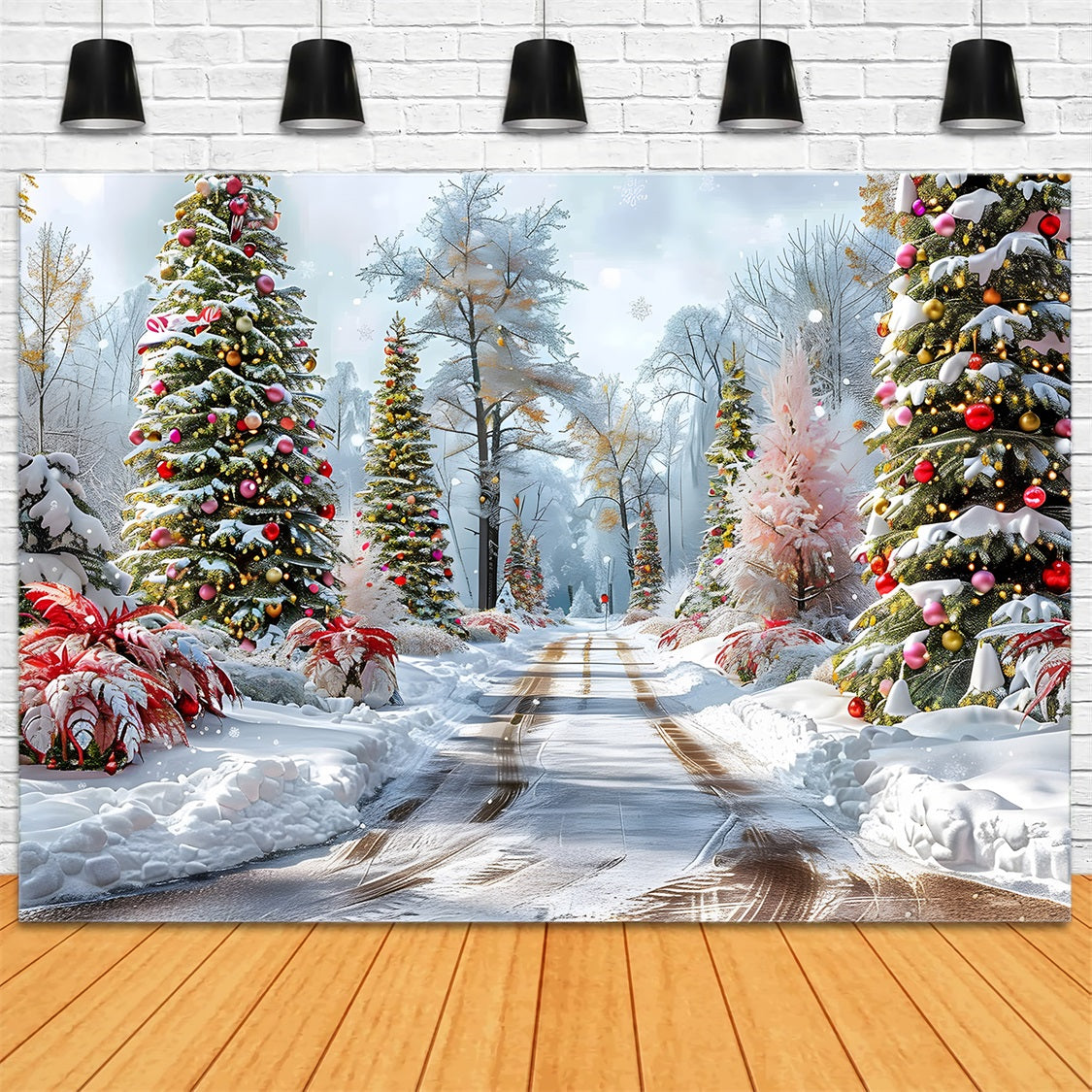 Toile de fond de Noël Chemin Forestier avec Arbres Décorés RR7-652