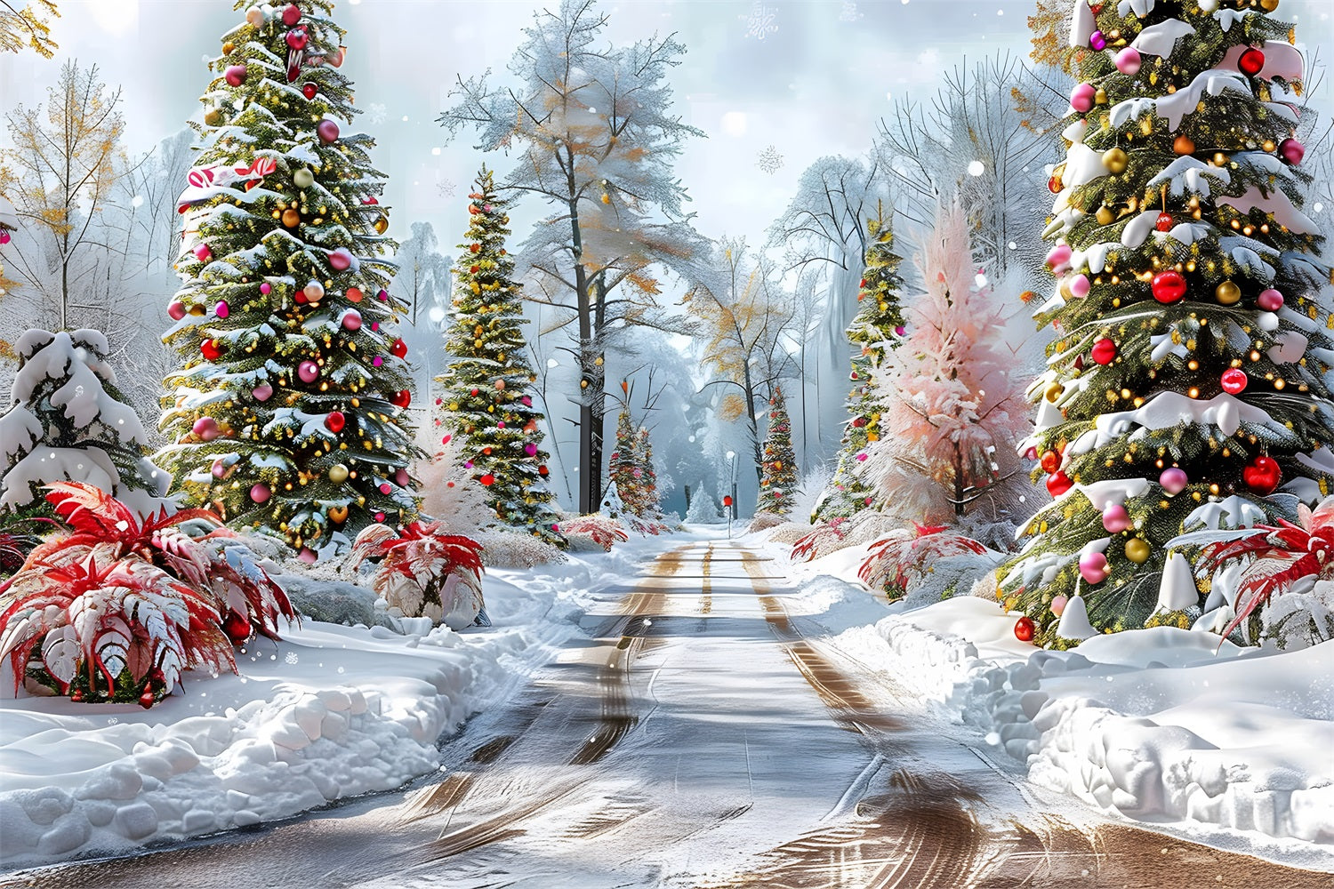 Toile de fond de Noël Chemin Forestier avec Arbres Décorés RR7-652