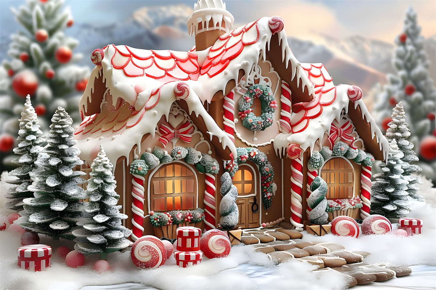 Toile de fond de Noël Cottage en Pain d’Épice et Sucre d’Orge RR7-659
