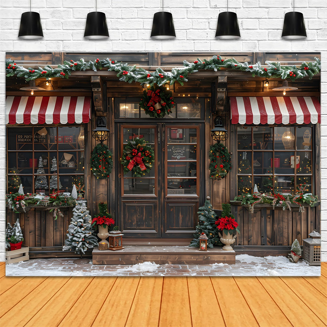 Toile de fond de Noël Façade de Boutique Vintage avec Guirlande de Vacances RR7-667