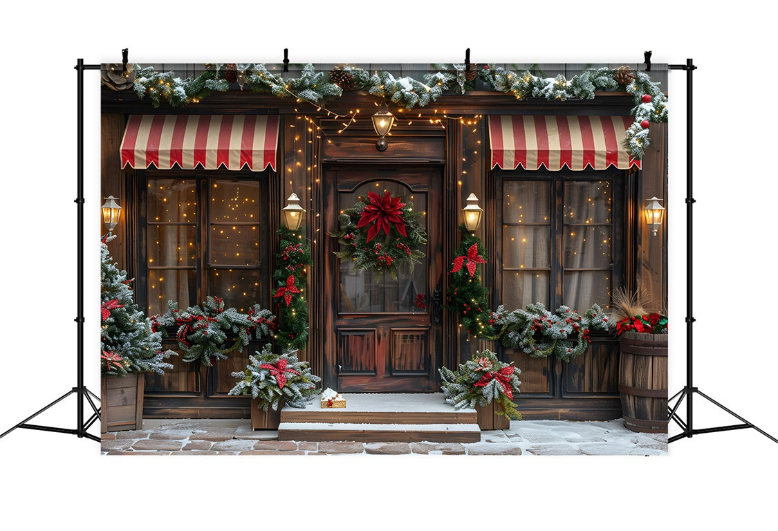Toile de fond de Noël Façade de Boutique Festive avec Couronne et Guirlande RR7-668