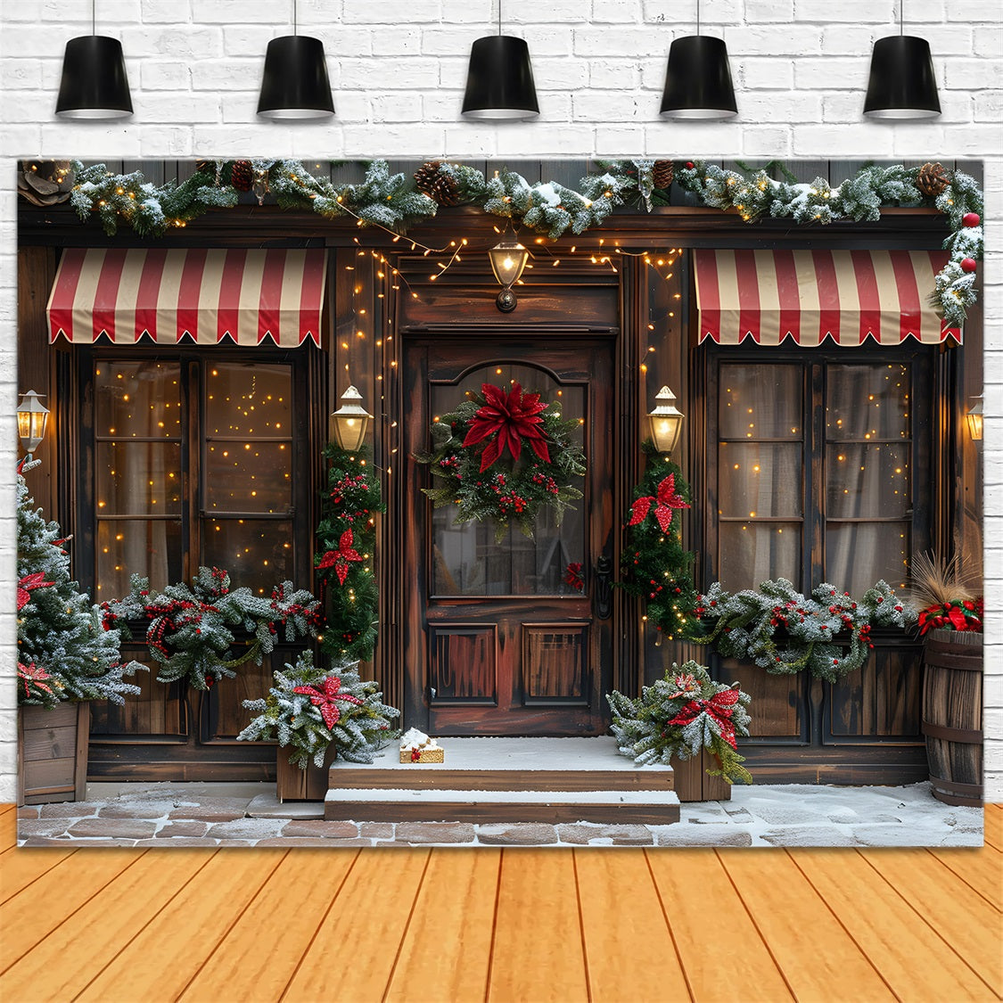Toile de fond de Noël Façade de Boutique Festive avec Couronne et Guirlande RR7-668