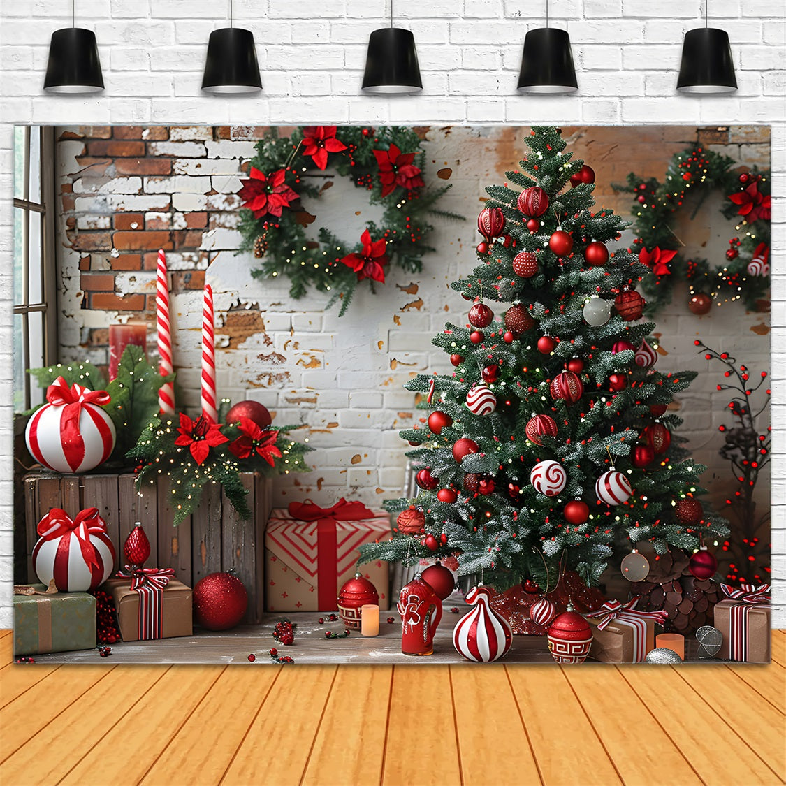 Toile de fond de Noël Mur de Briques Rustique Décorations Rouges Blanches RR7-676