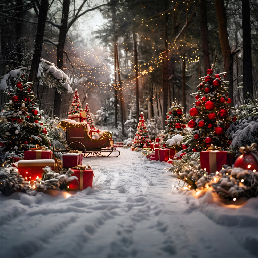 Toile de fond de Noël Stands de Marché en Forêt Enneigée la Nuit RR7-681