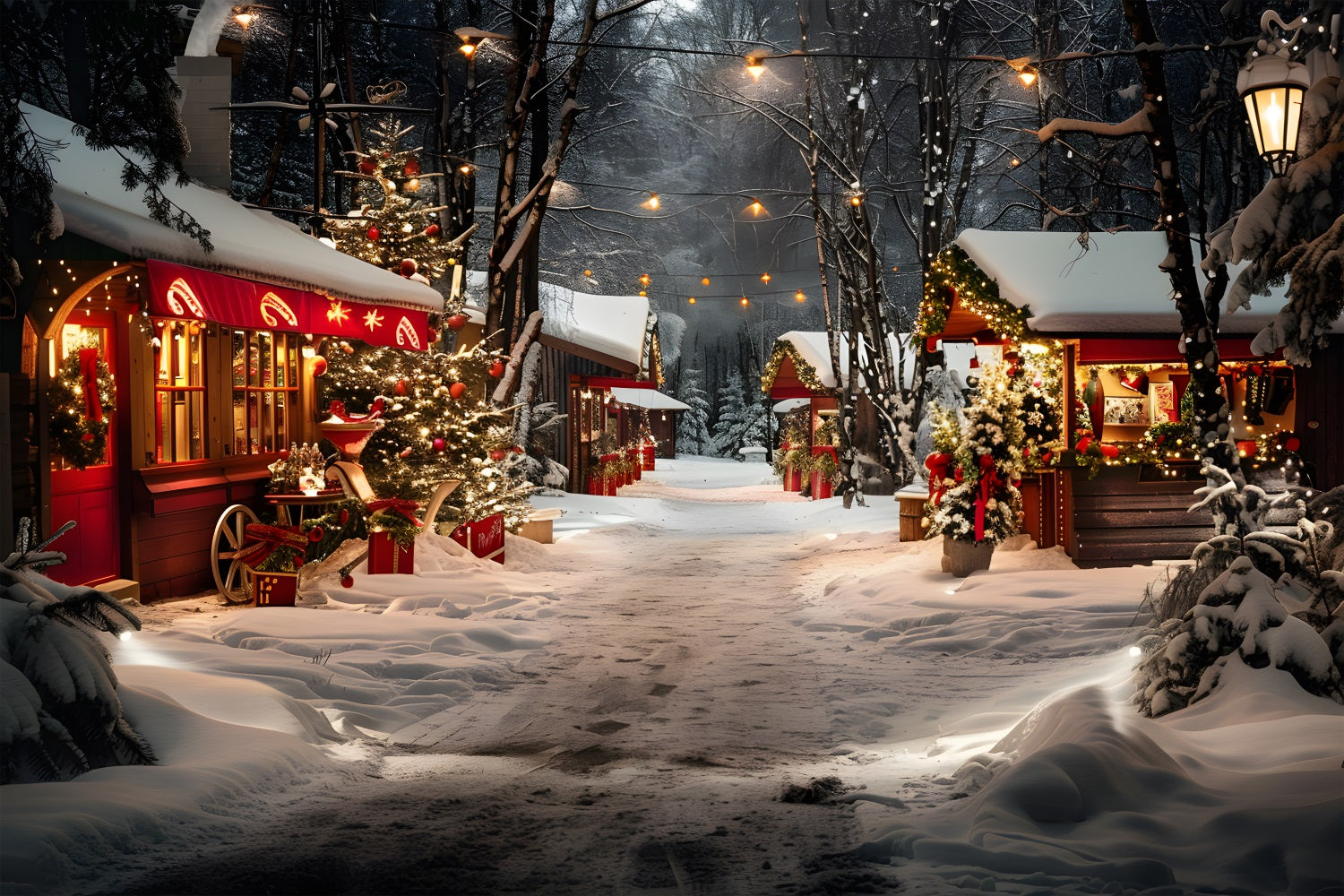Toile de fond de Noël Stands de Marché en Forêt Enneigée la Nuit RR7-681