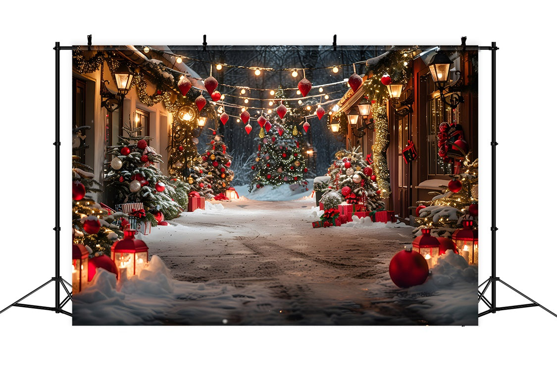 Toile de fond de Noël Allée de Village avec Arbres Décorés et Lanternes RR7-683