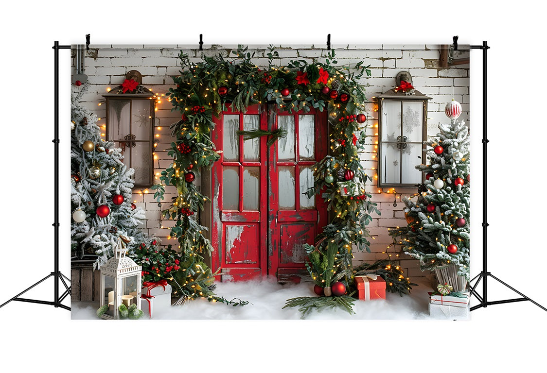 Toile de fond de Noël Porte Rouge Rustique avec Guirlande Festive RR7-689