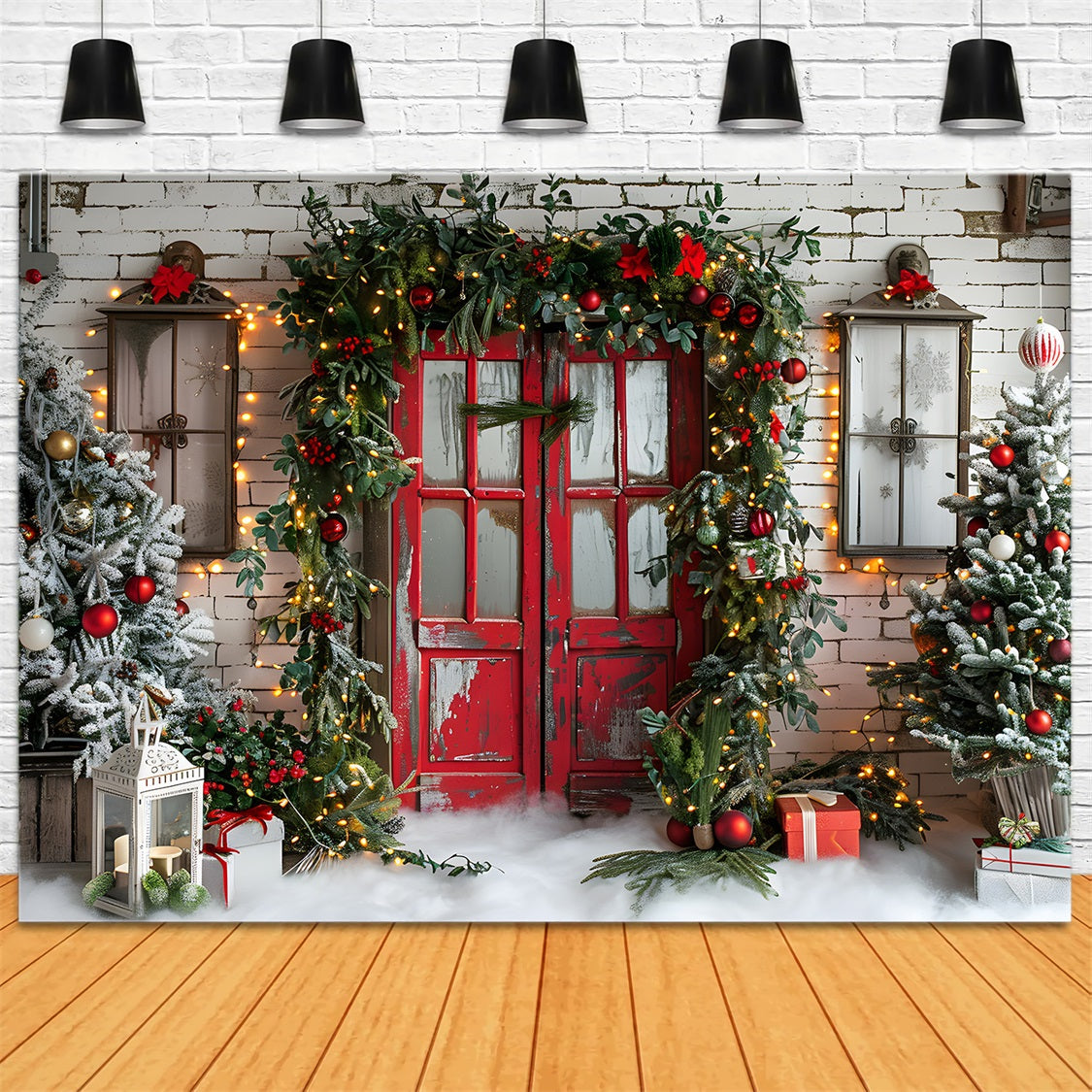 Toile de fond de Noël Porte Rouge Rustique avec Guirlande Festive RR7-689