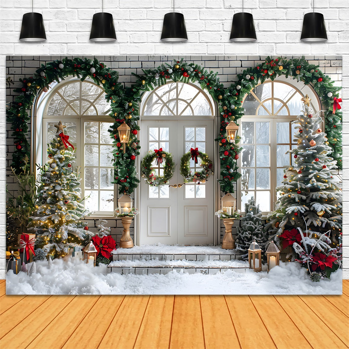 Toile de fond de Noël Entrée Élégante en Arche avec Couronnes et Arbres RR7-695