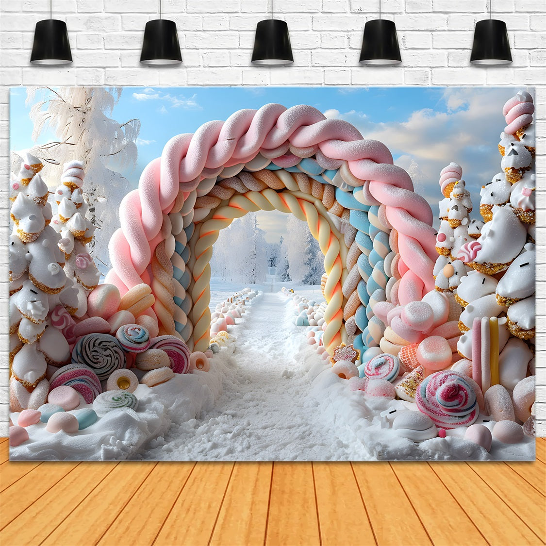Toile de fond de Noël Entrée Élégante Enneigée avec Lanternes RR7-701