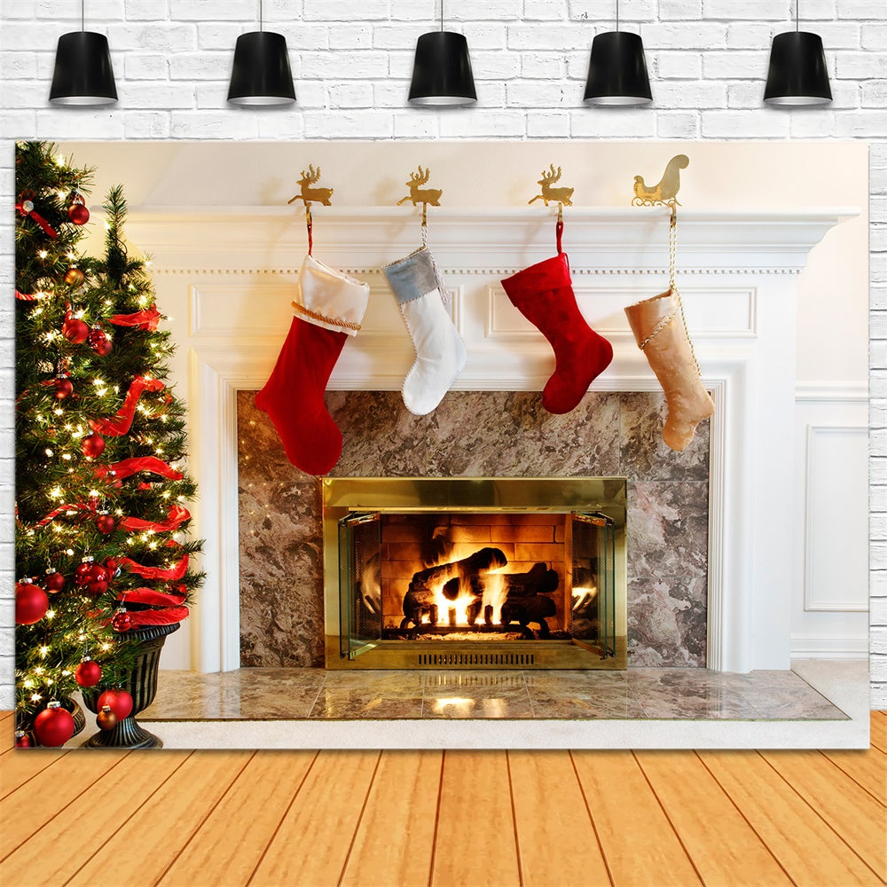 Toile de fond de Cheminée Arbre de Noël Chaussette Blanche RR7-711