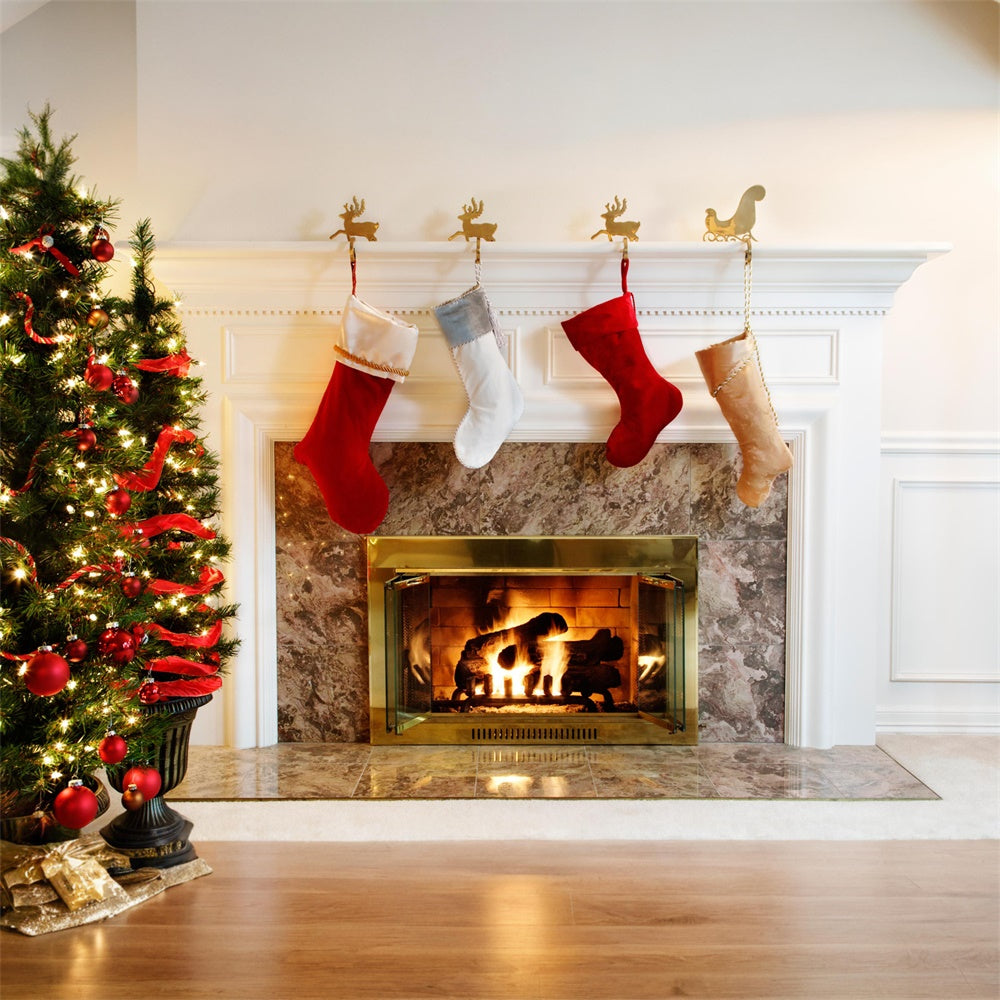 Toile de fond de Cheminée Arbre de Noël Chaussette Blanche RR7-711